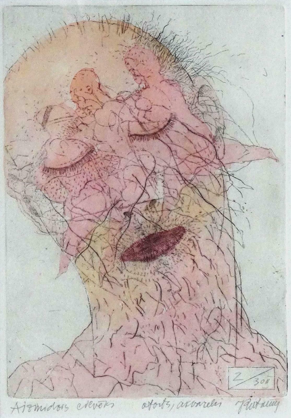 Juris Putrams Sleeping Man. Paper, Etching, Watercolour, 19x13 Cm 1990