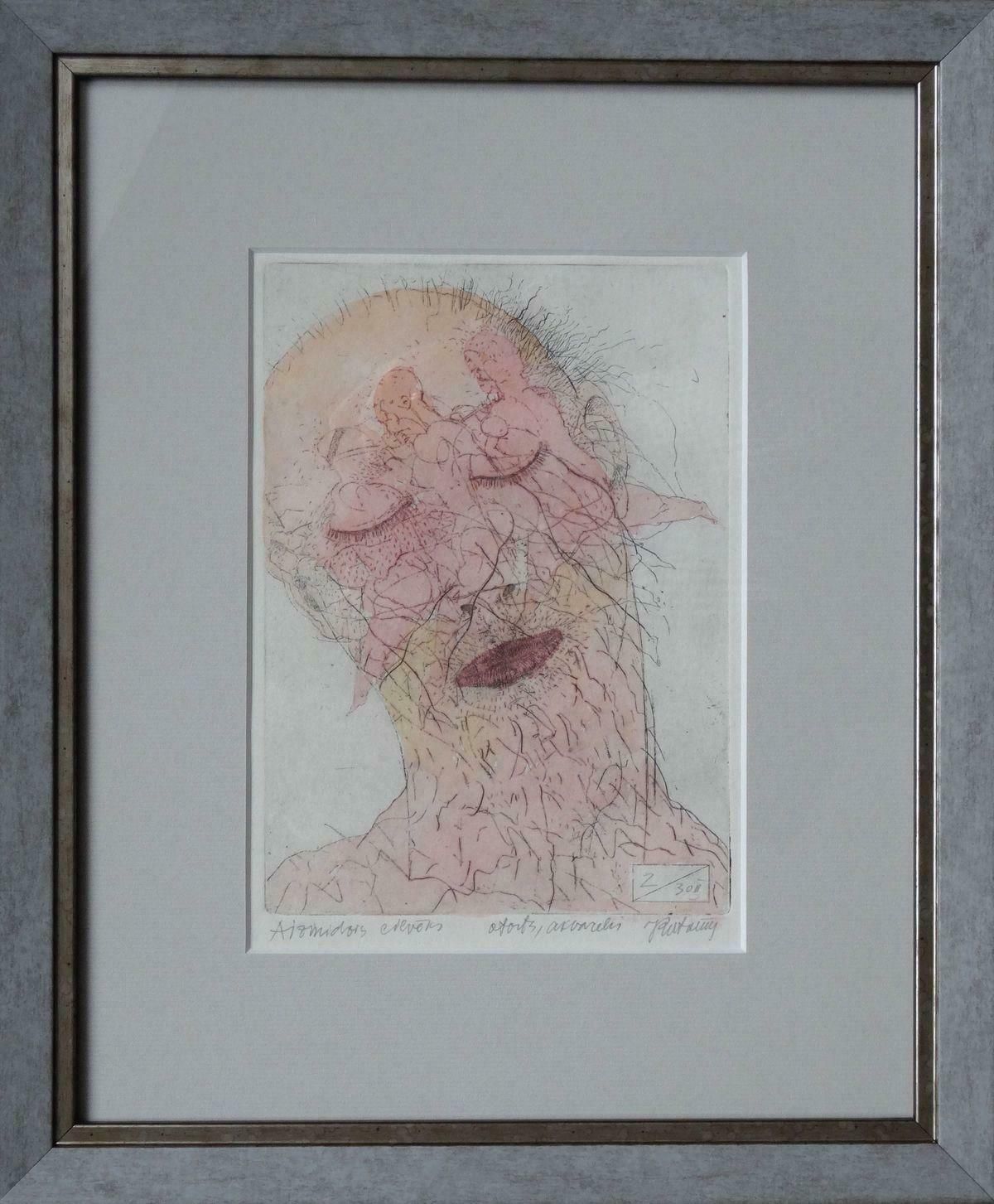 Juris Putrams Sleeping Man. Paper, Etching, Watercolour, 19x13 Cm 1990 photo furniture