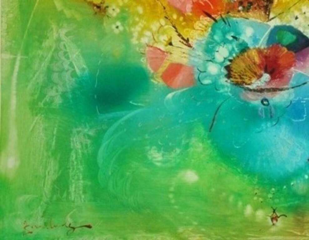 Juris Zvirbulis Summer Flowers In Yellow,Green,Cyan Colours. 1990s.Cardboard,Mixed Media Art 1990 photo for sale