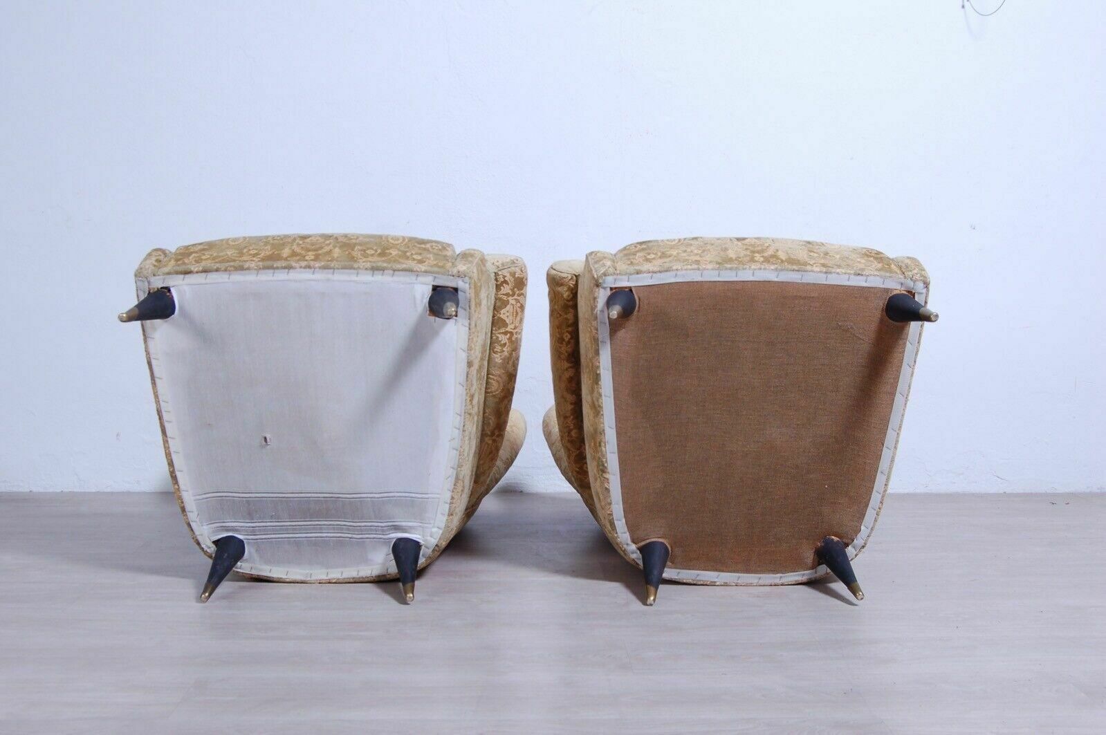599.0 Pair Of 1950s Design Armchairs With Wooden Feet And Brass Tips In Damask Fabric photo