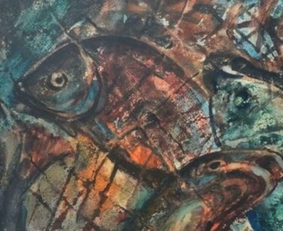Aleksandrs Zviedris Composition With Fishes. 1976, Watercolour On Paper 1976 photo for sale