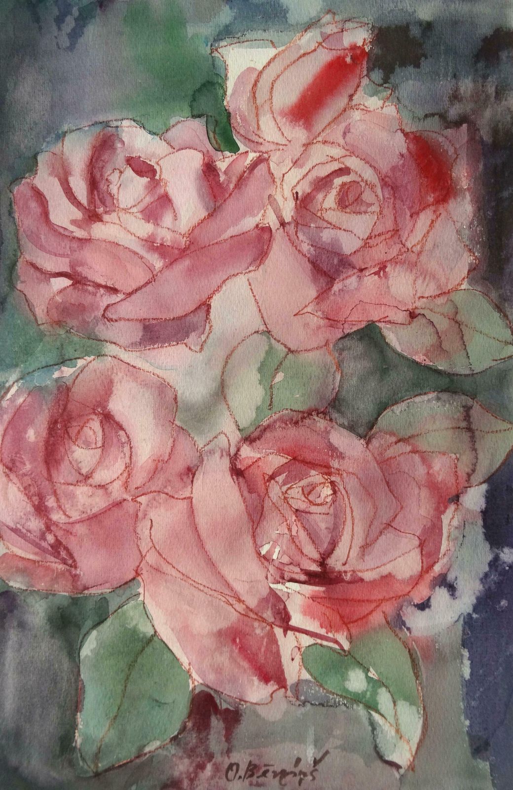 Oskars Berzins Roses. 1993, Paper, Watercolour, Pastel,