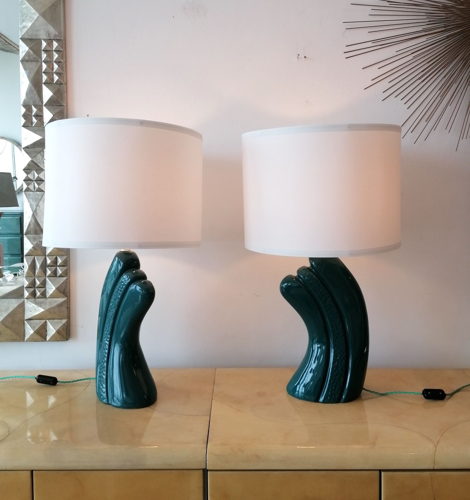 Pair Of Vintage Dark, Intense Blue / Green Ceramic Lamps, USA 1980s Deco Revival photo buy