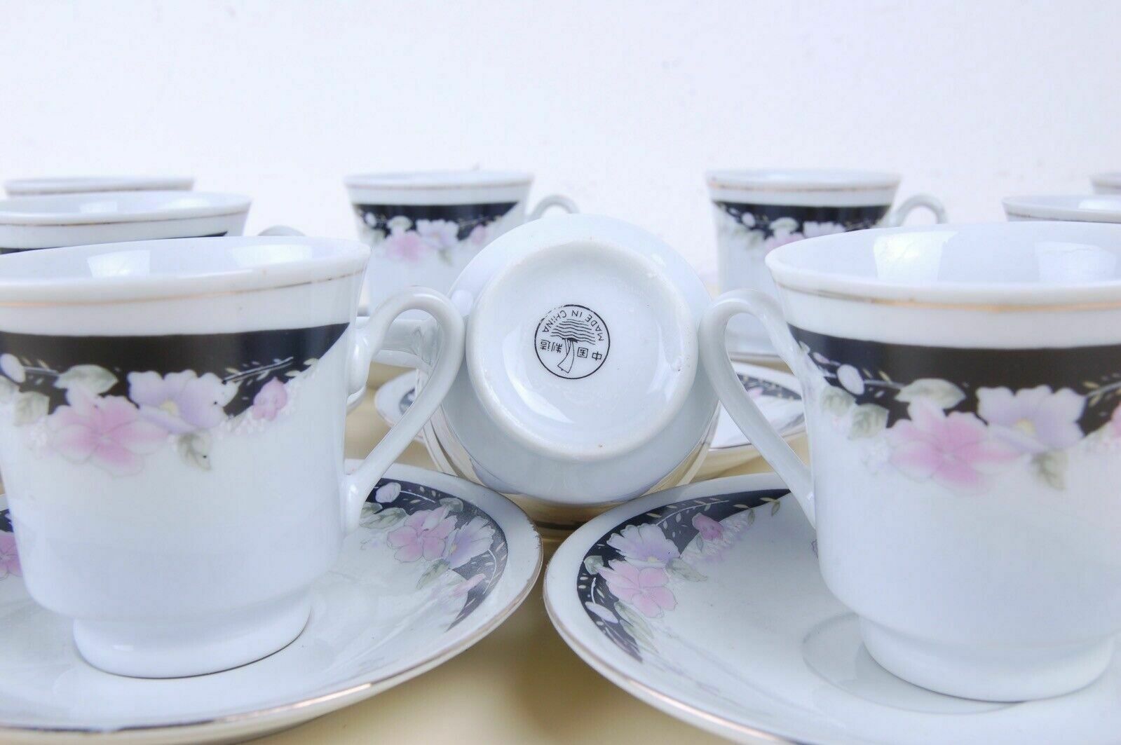 Vintage Hand Painted Ceramic Coffee Service Made In China Black Floral 12 Prs photo buy