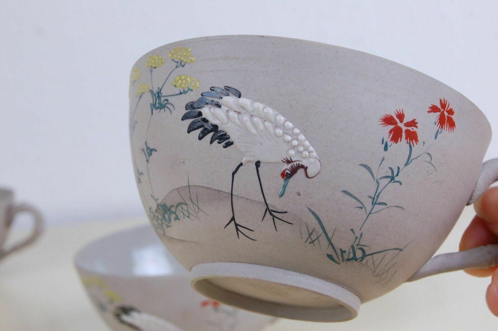 Hand Painted Chinese Japanese Porcelain Oriental Tea Set With Stork Decoration photo vintage