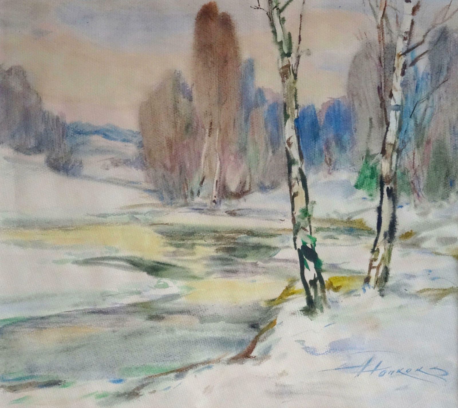 Arnolds Pankoks By The River In The Spring. Paper, Watercolour, 48x54 Cm