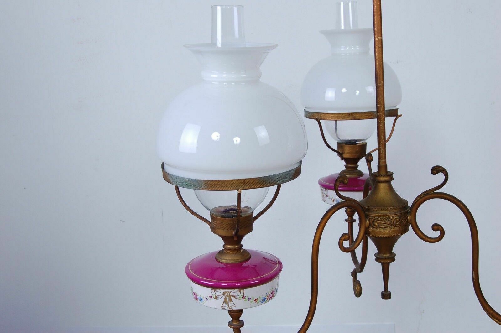 1940s Design Chandelier With Three Lights, Vintage Ceramic Glass Ceiling Lamp photo buy