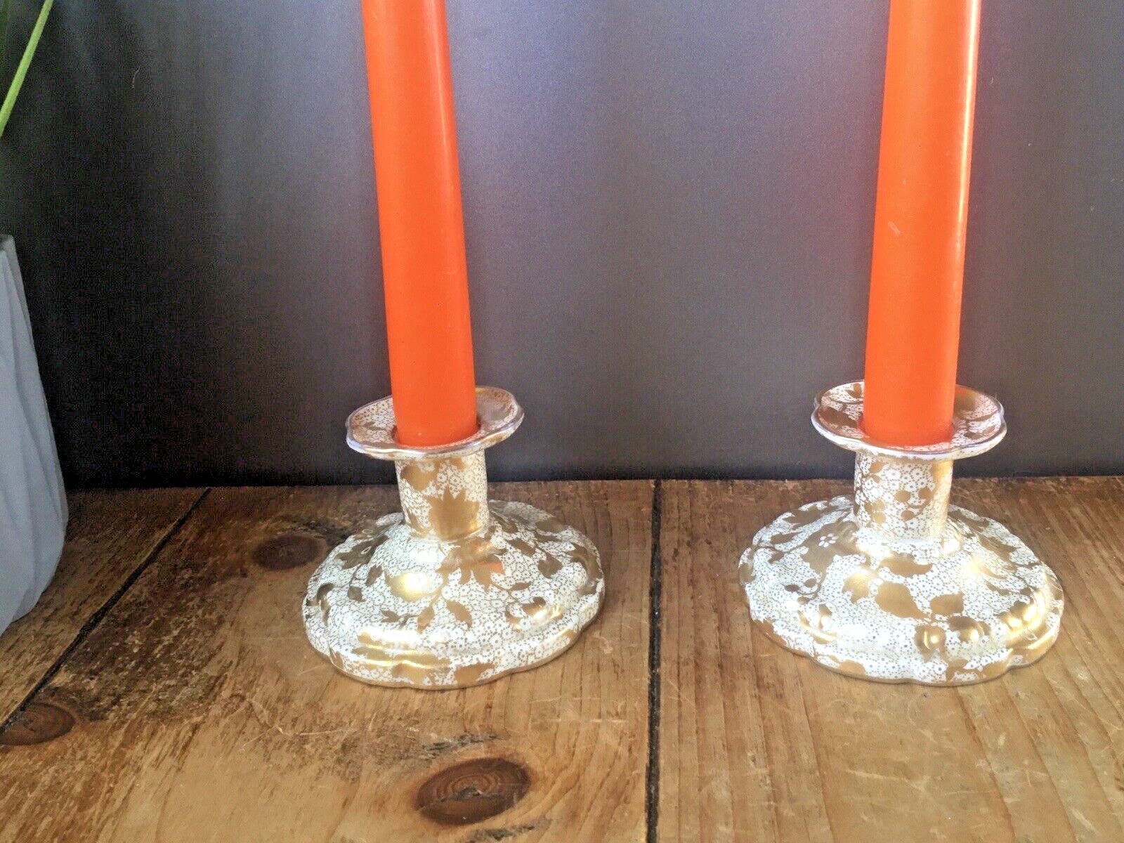 Pair Of Antique Tuscan Fine China Gilded Floral Spray Candlestick Candle Holders