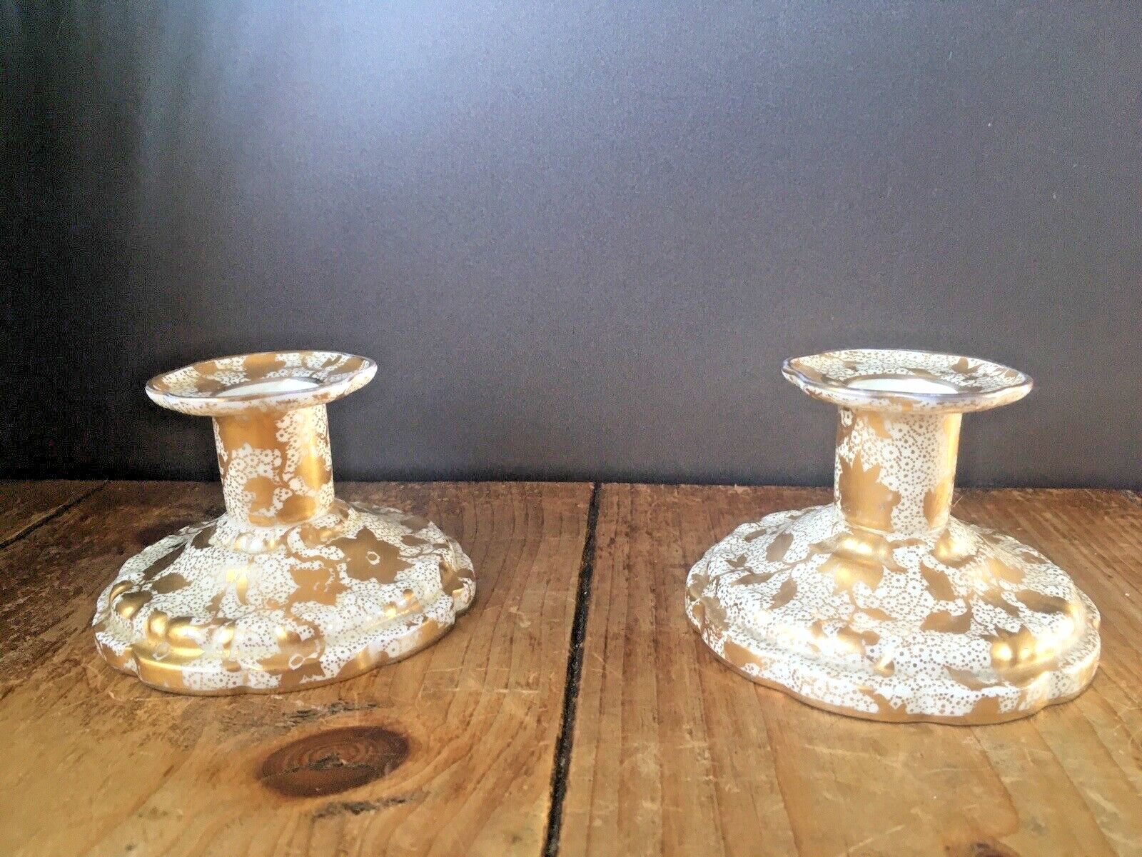 Pair Of Antique Tuscan Fine China Gilded Floral Spray Candlestick Candle Holders photo vinterior