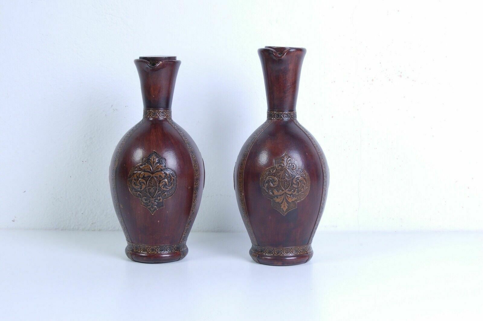 Set Of Green Blown Glass Jugs And Glasses Covered In Vintage Brown Leather photo 69.0