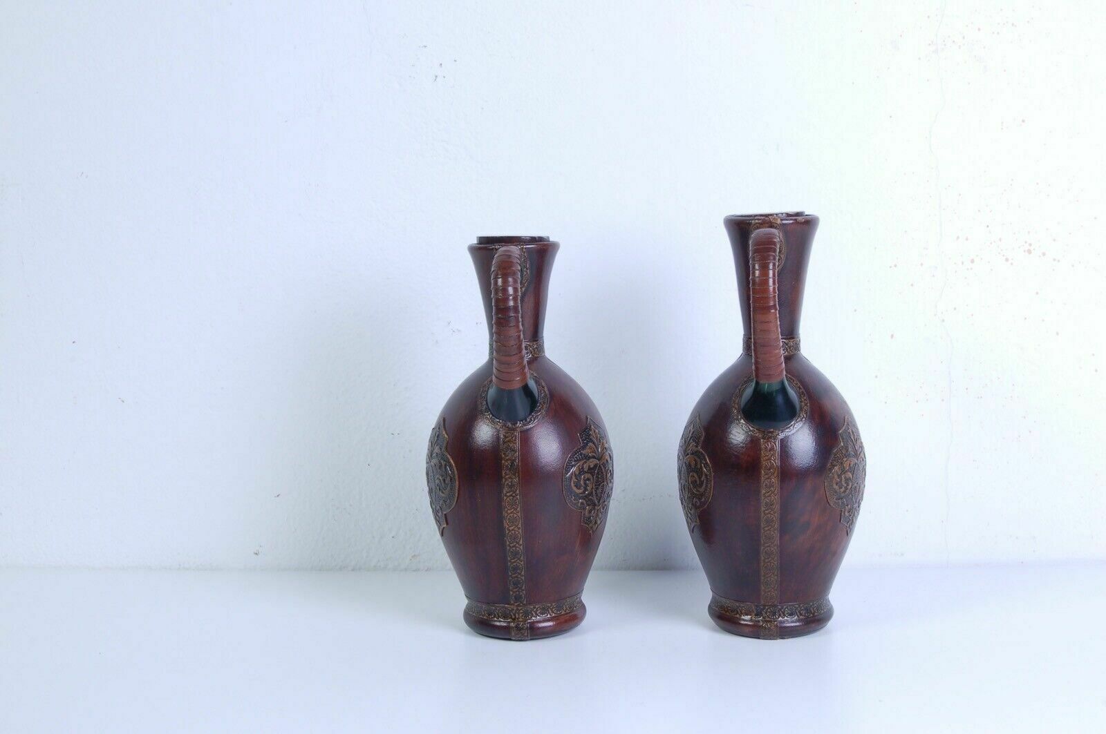 Set Of Green Blown Glass Jugs And Glasses Covered In Vintage Brown Leather photo buy