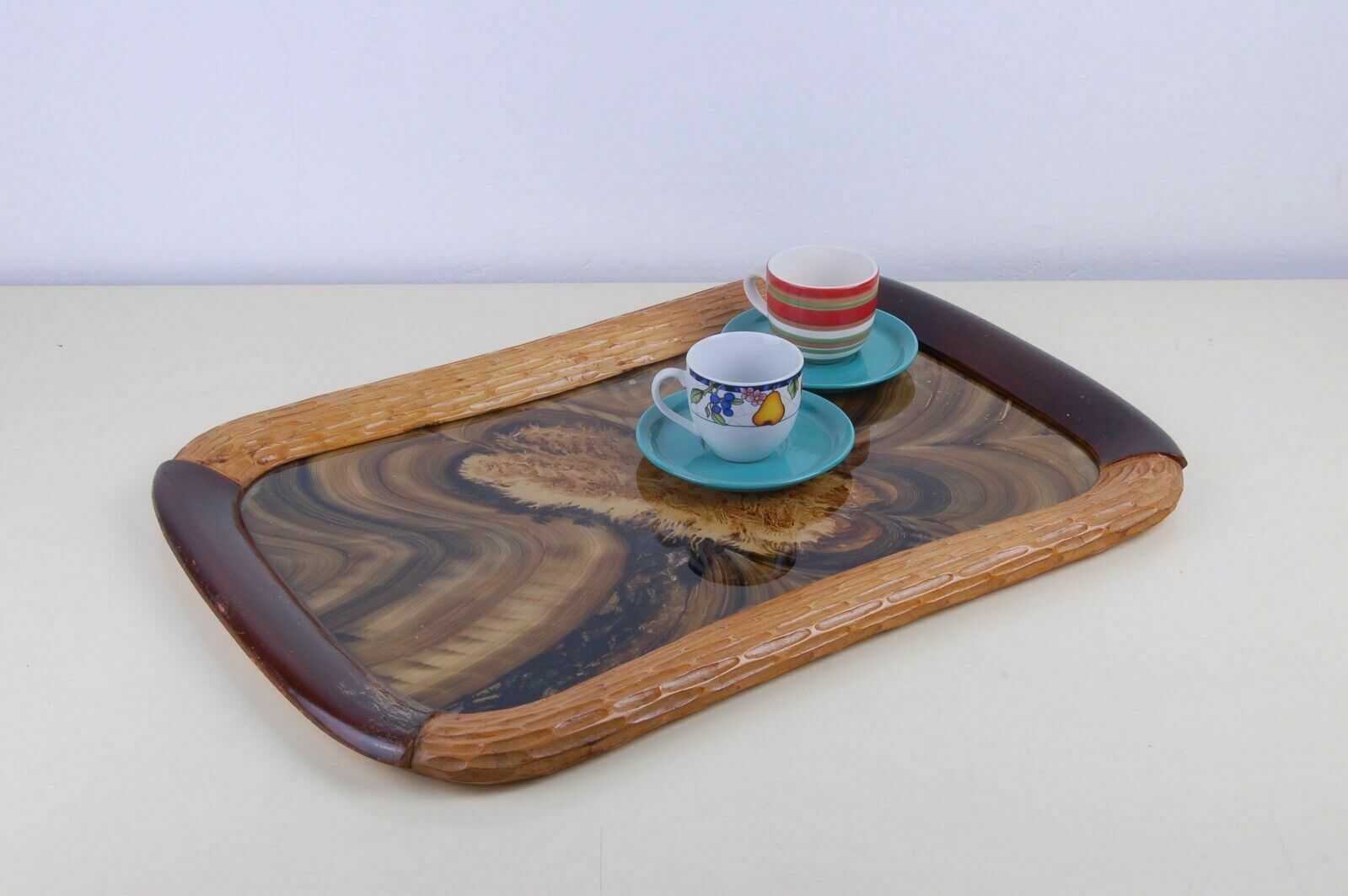 Wooden Tray Worked In Various Essences And Fratelli Cerati Glass From The 60s And 70s