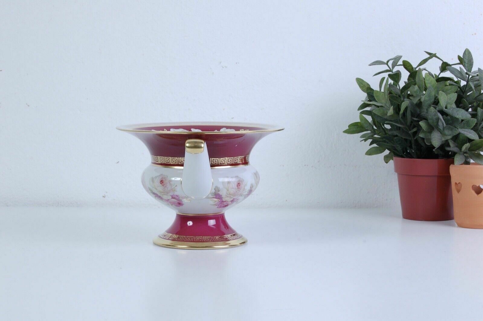 Limoges Ceramic Vase, Magenta Ceramic Ornament With Floral Gold Edge photo furniture