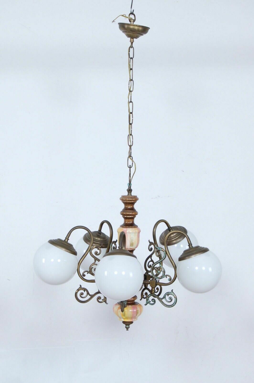 Vintage Eclectic Chandelier 5 Lights Brass Wood Orange White Glass photo for sale