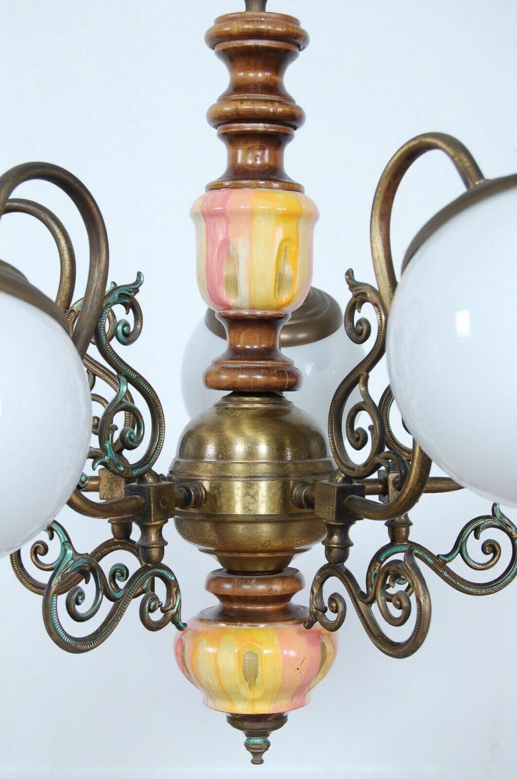 Vintage Eclectic Chandelier 5 Lights Brass Wood Orange White Glass photo vintage