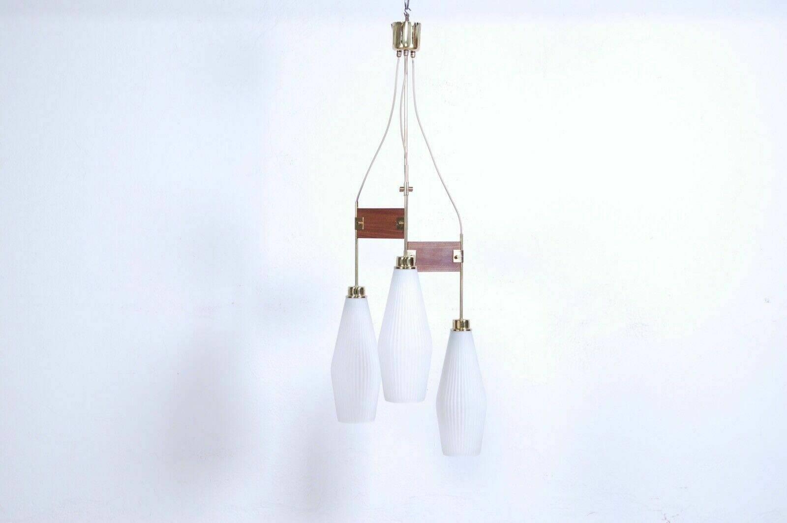 Stilnovo Design Chandelier From The 50s And 60s. Opaline Glass And Brass Ceiling Lamp photo for sale