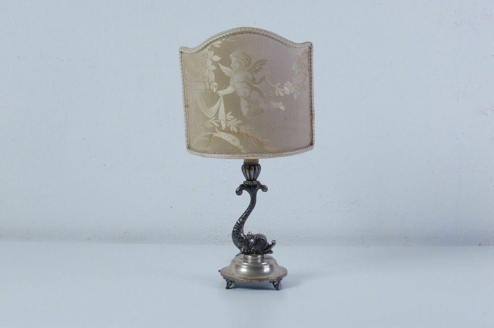 Antique Table Lamp Abat Joure Antique Silver Dolphin Lampshade Putto