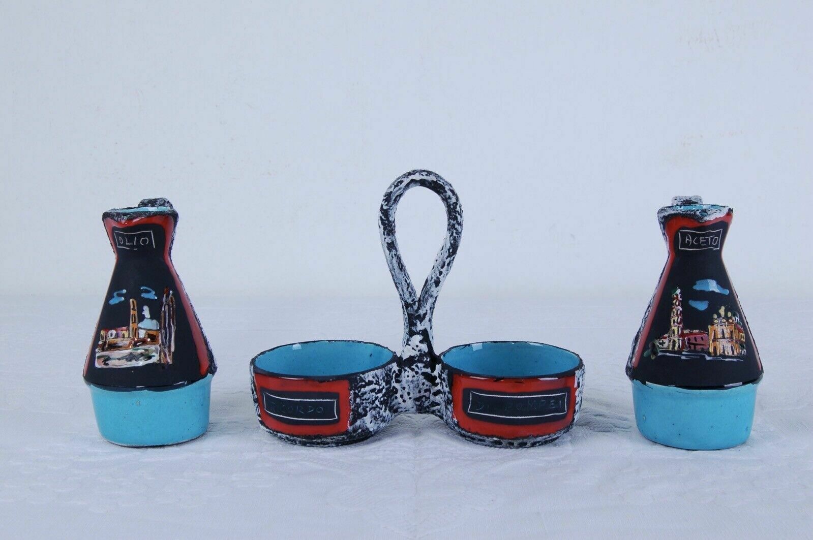 photo for sale Pitcher Oil Vinegar Table Set Enamelled Lava Stone Memory Of Pompeii In Lava
