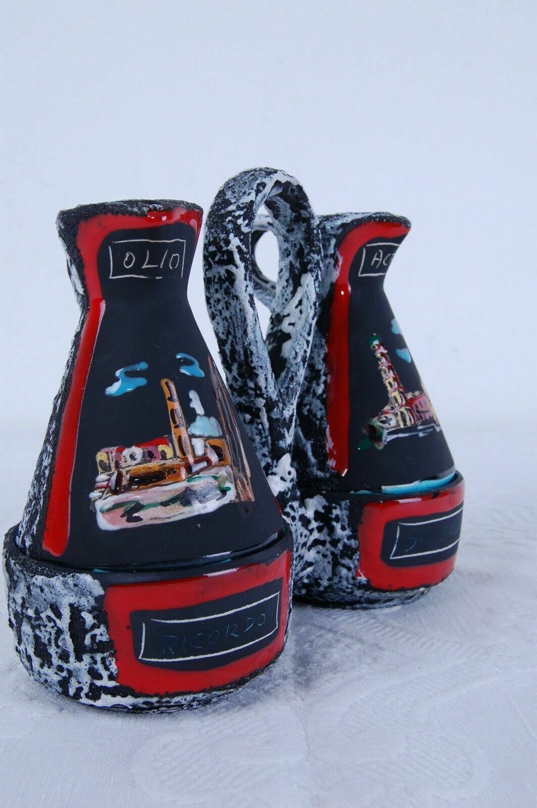 74.0 Pitcher Oil Vinegar Table Set Enamelled Lava Stone Memory Of Pompeii In Lava photo
