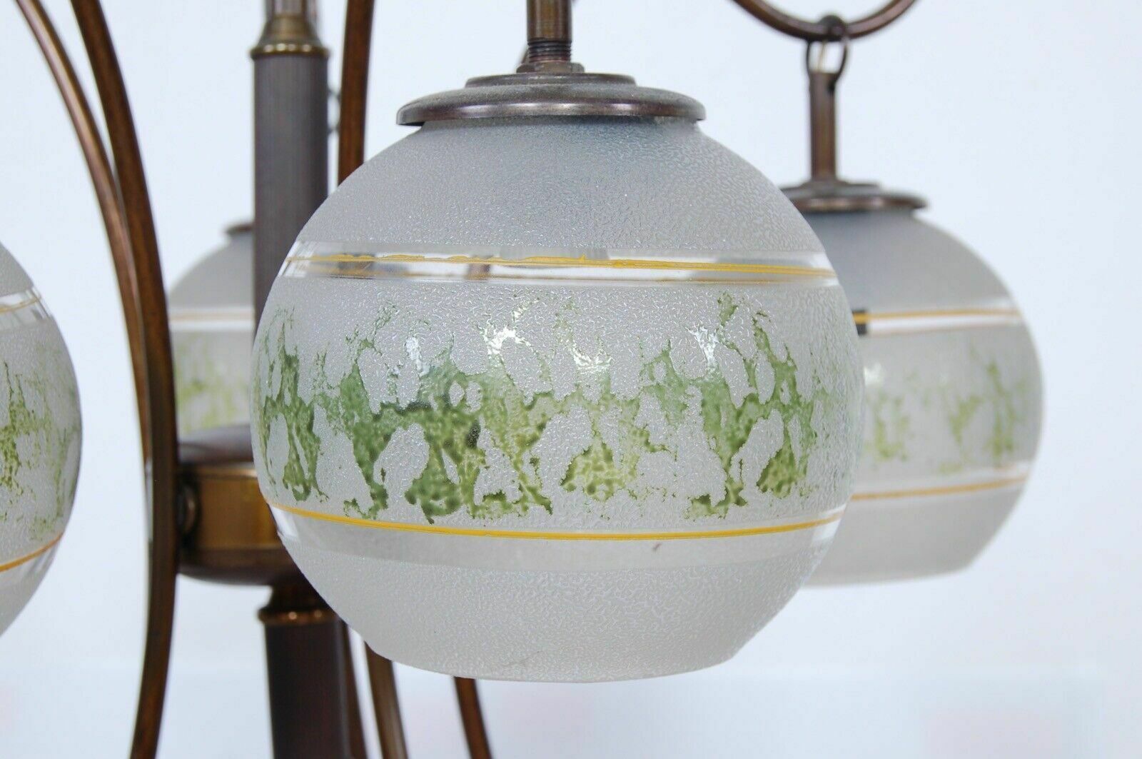 1950s Design Chandelier Vintage Brass 5 Lampshade Satin Glass Green Decoration photo vintage