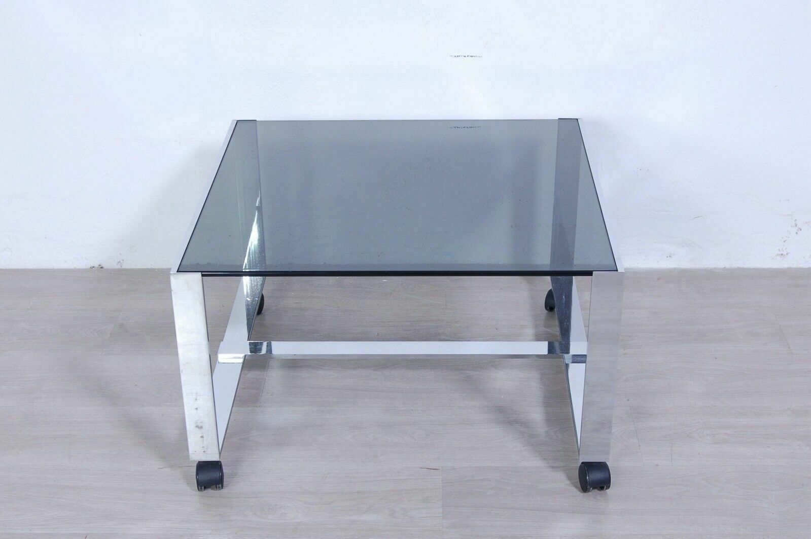 70s Design Coffee Table Modern Steel Smoked Glass Wheels Saporiti photo vinterior