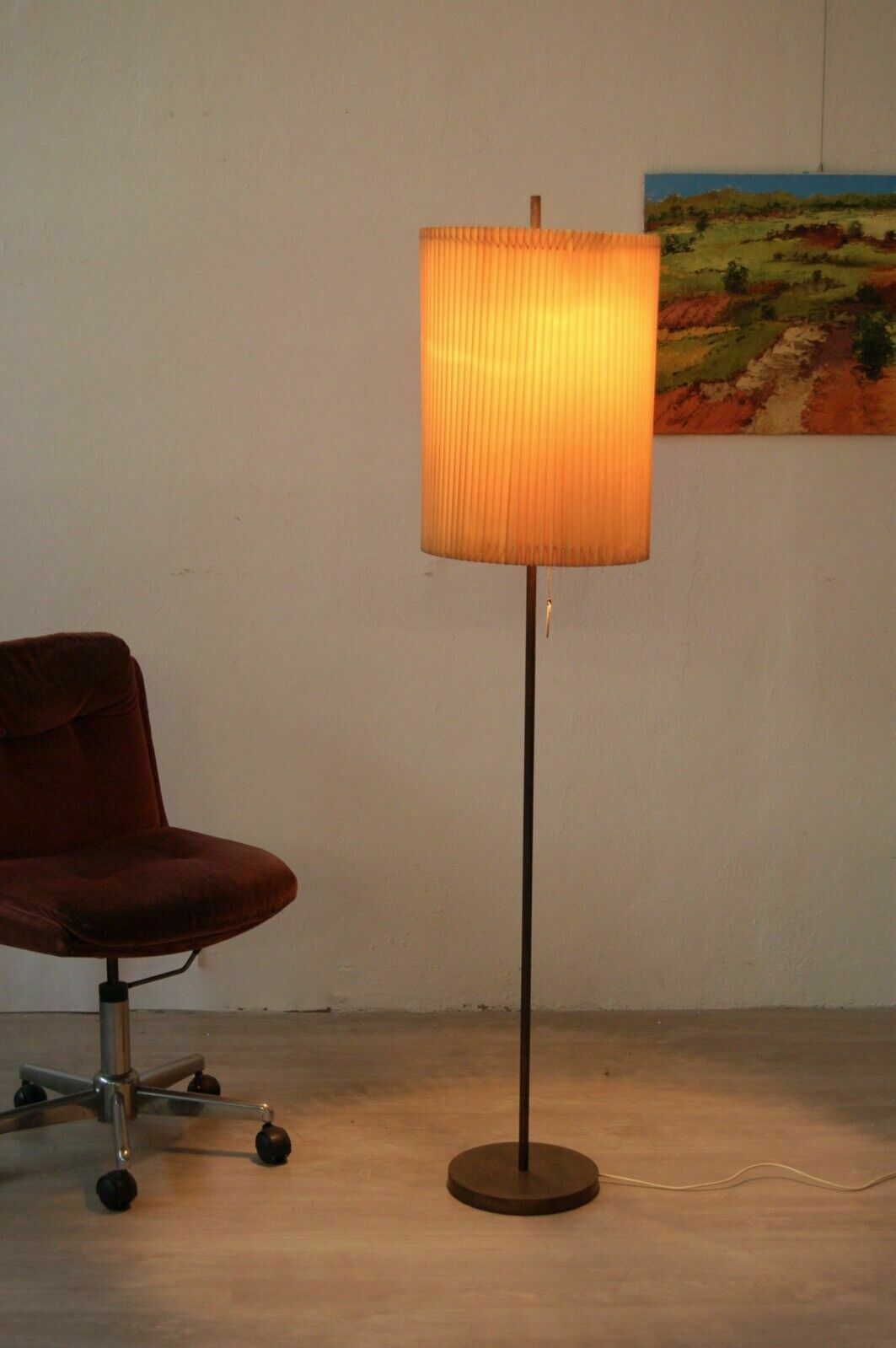 Mid Century Floor Lamp In Brass With Vintage 50s Pleated Lampshade photo vintage