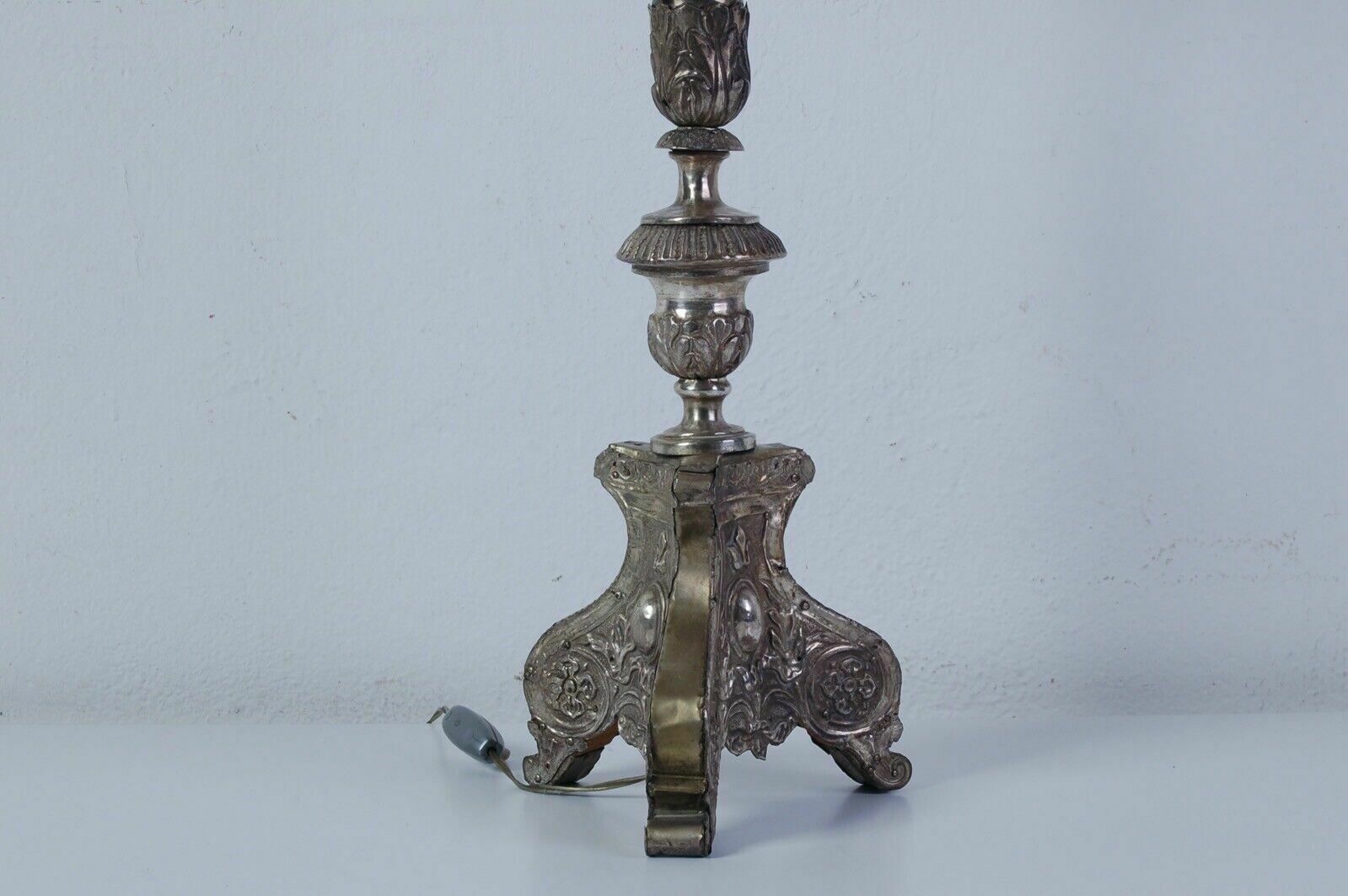 Table Lamp Old Electrified Religious Candlestick In Wood And Antique Silver photo vintage