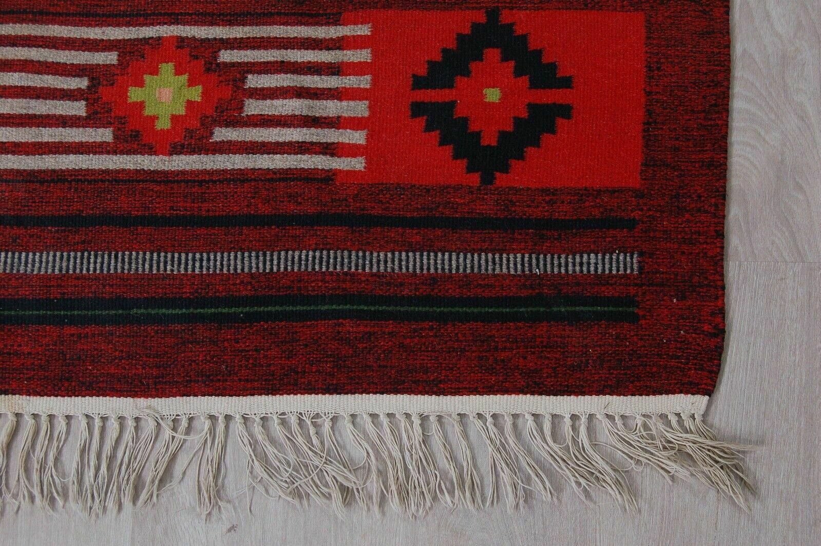 Red Burgundy Kilim Carpet With Rhombuses 245 X 155 Ethnic Oriental Well Maintained photo vintage