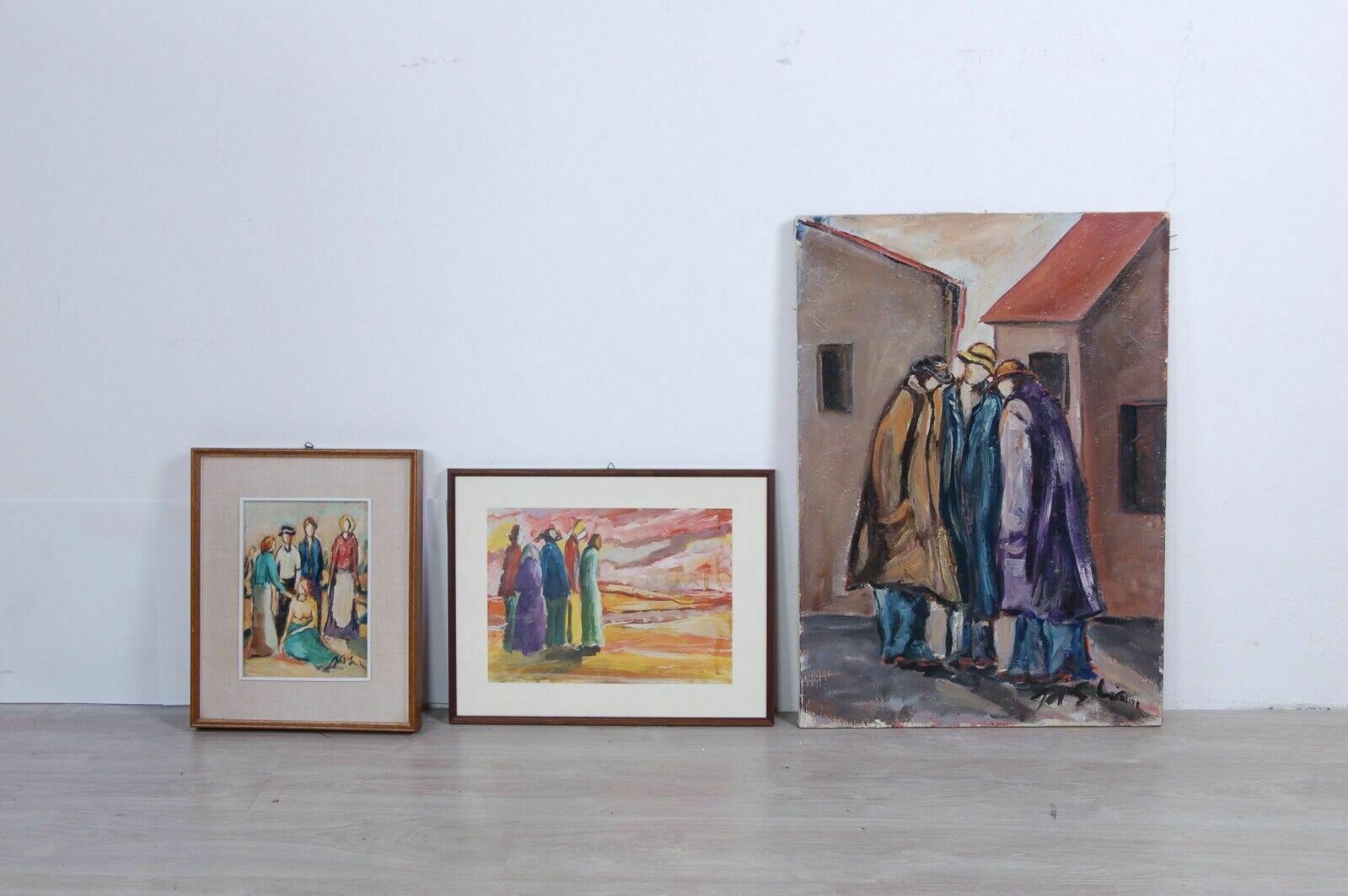D Elia Francesco Oil On Canvas Figures Three Paintings Modern Works From The 70s