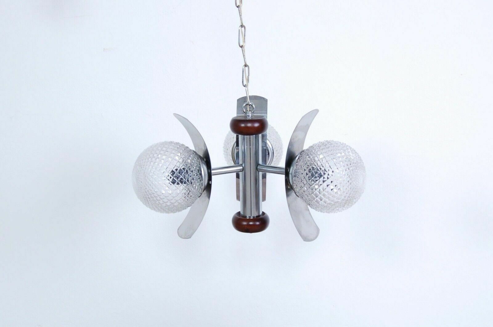Design Chandelier From The 70s, Wood, Steel And Frosted Glass Modernity photo buy
