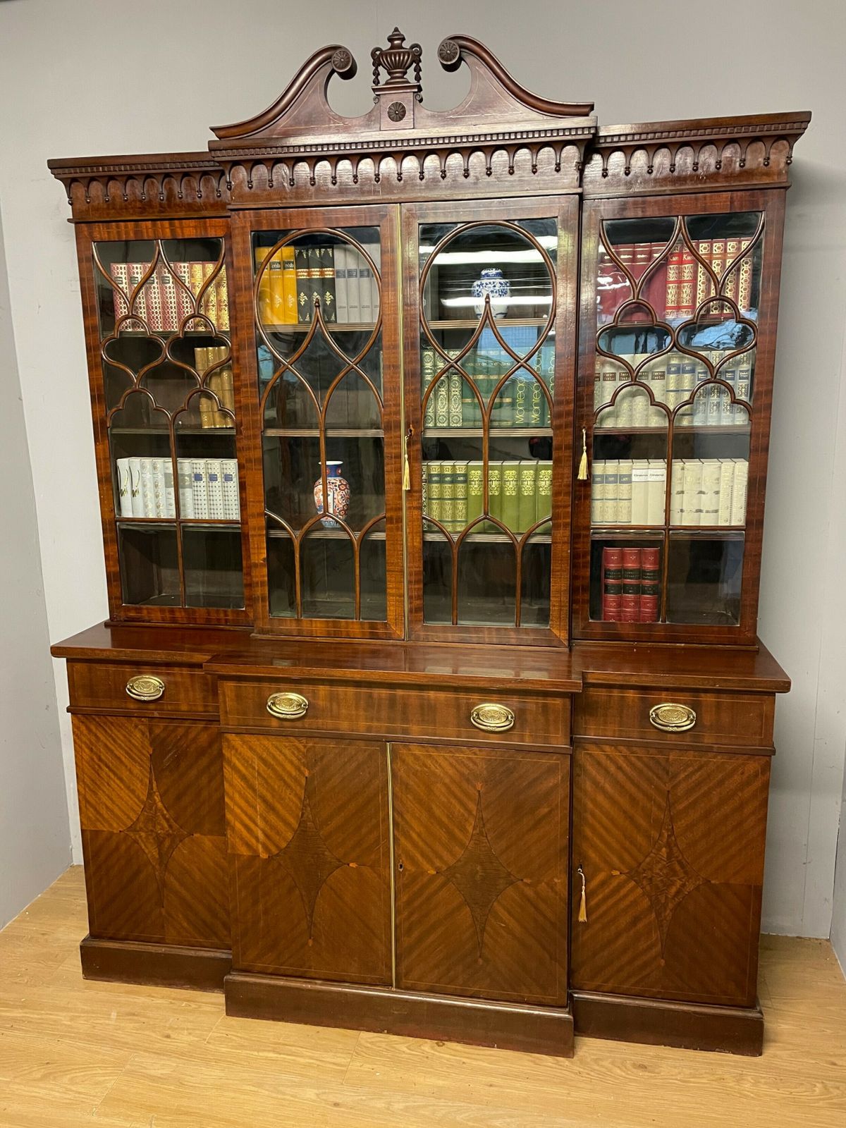 Edwardian Inlaid Mahogany Four Door Breakfront Library Bookcase