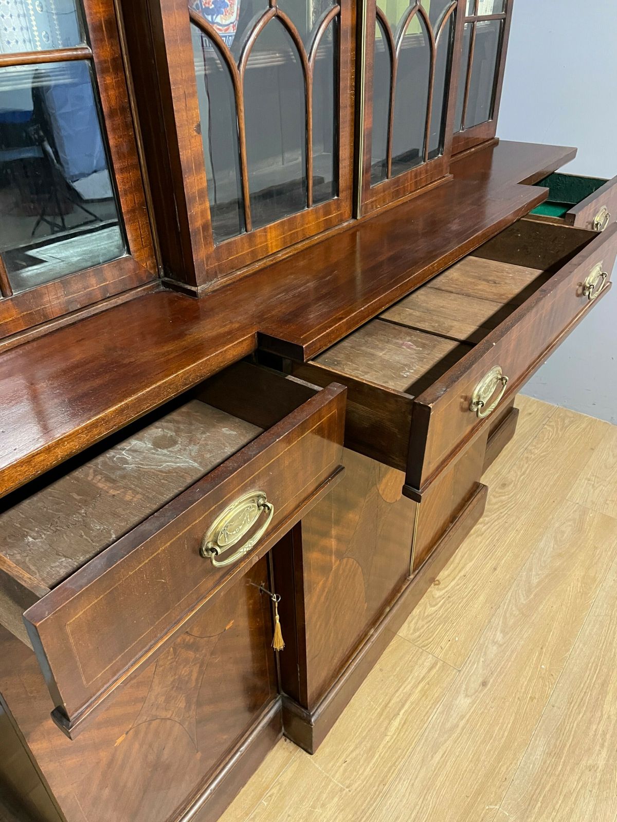 Edwardian Inlaid Mahogany Four Door Breakfront Library Bookcase photo vinterior