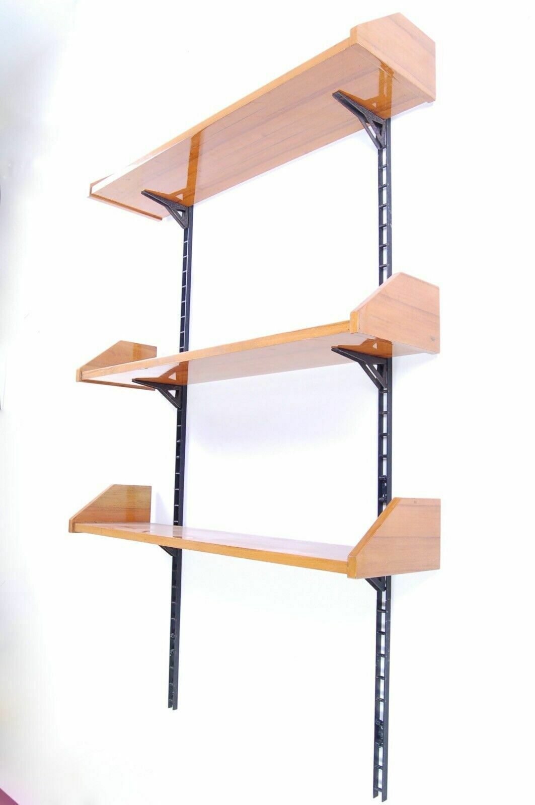 Design Bookcase From The 50s, Vintage Wooden Shelves Unit With Iron Uprights