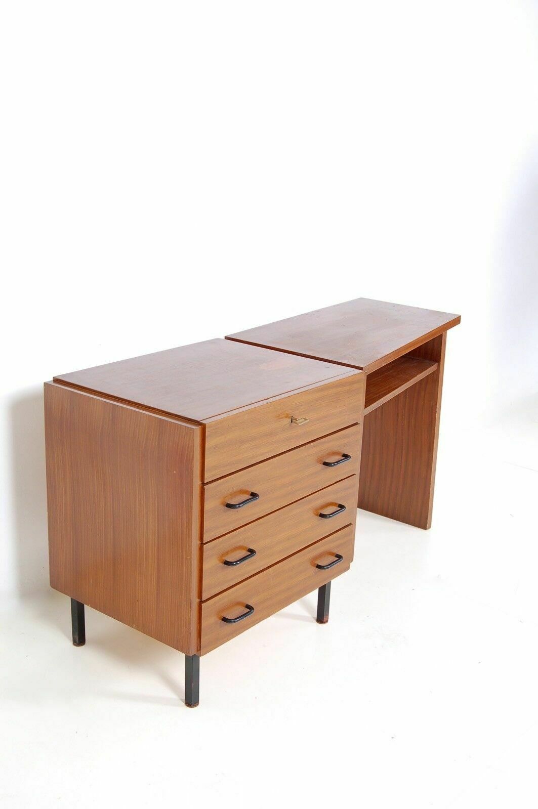 photo furniture Design Table From The 70s In Steel And Black Enamelled Wood, Square Glass Top