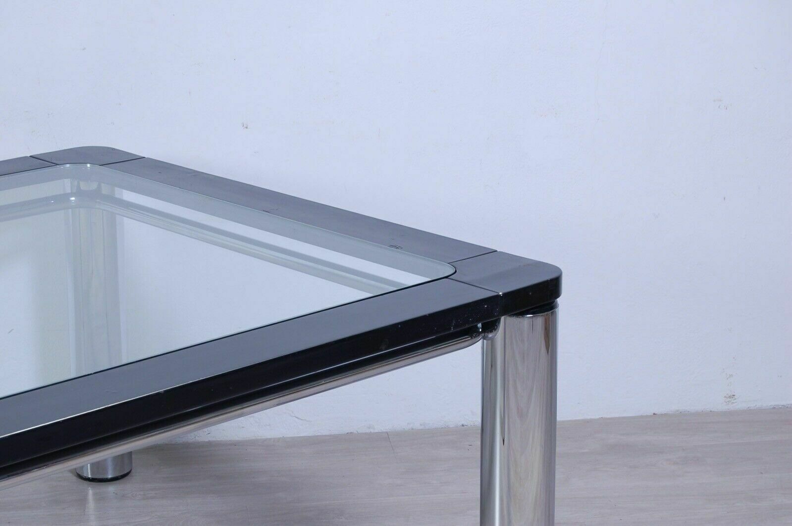 photo buy Design Table From The 70s In Steel And Black Enamelled Wood, Square Glass Top