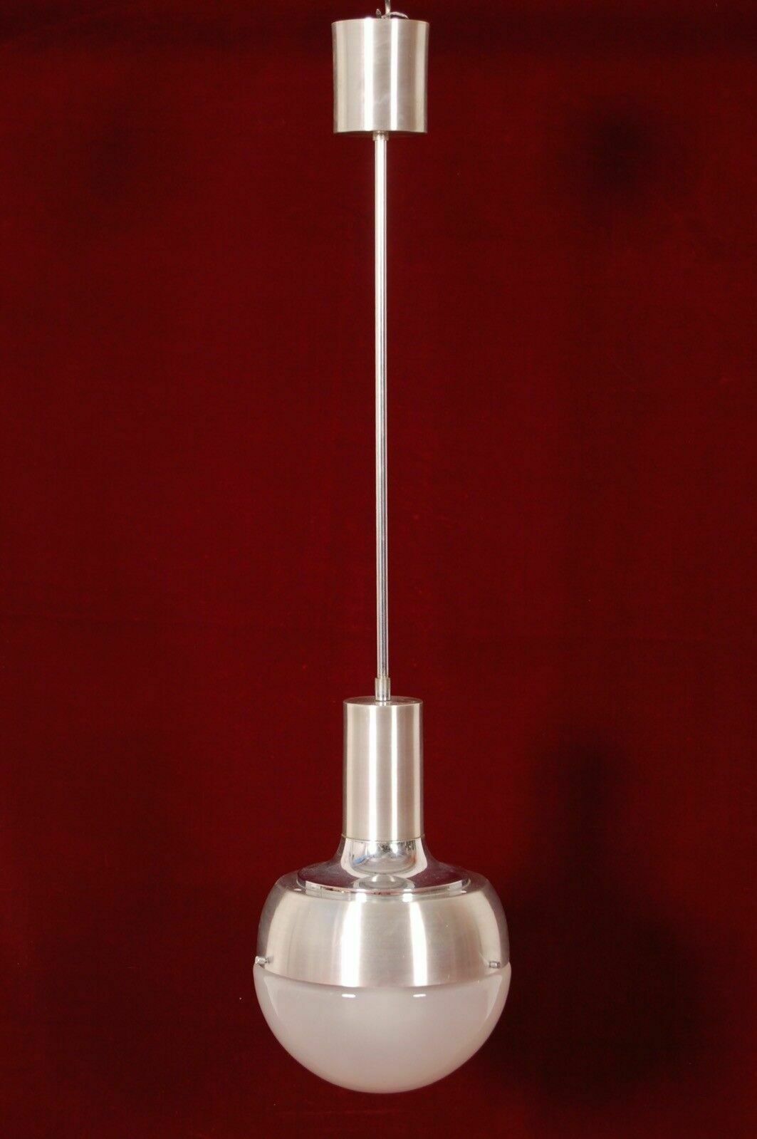 70s Chandelier, Opaque Glass And Brushed Aluminum. Italian Modernity.