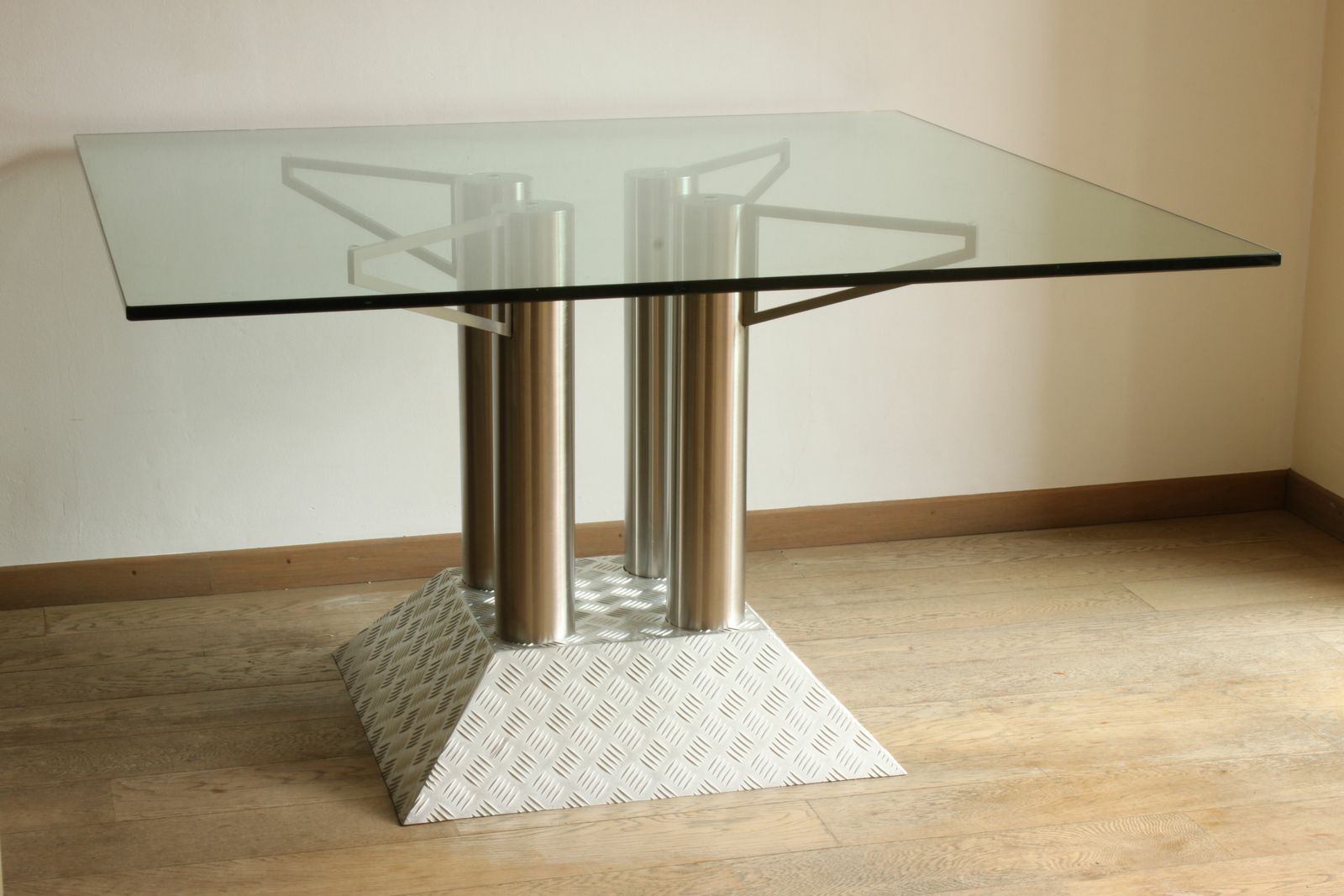 Industrial Steel Tube And Diamond Chequer Plate Table With A Glass Top, 1990s photo for sale