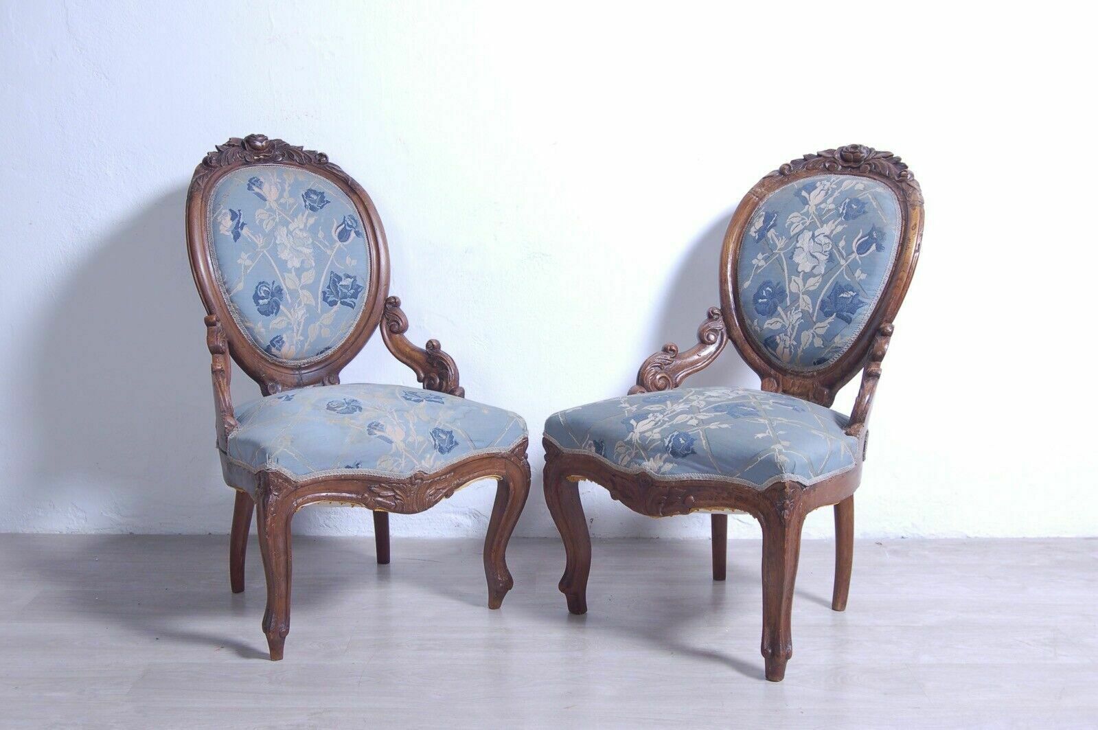 Pair Of Armchairs From The Late 19th Century In Antique Walnut Wood. Antique Bedroom Armchair Chair