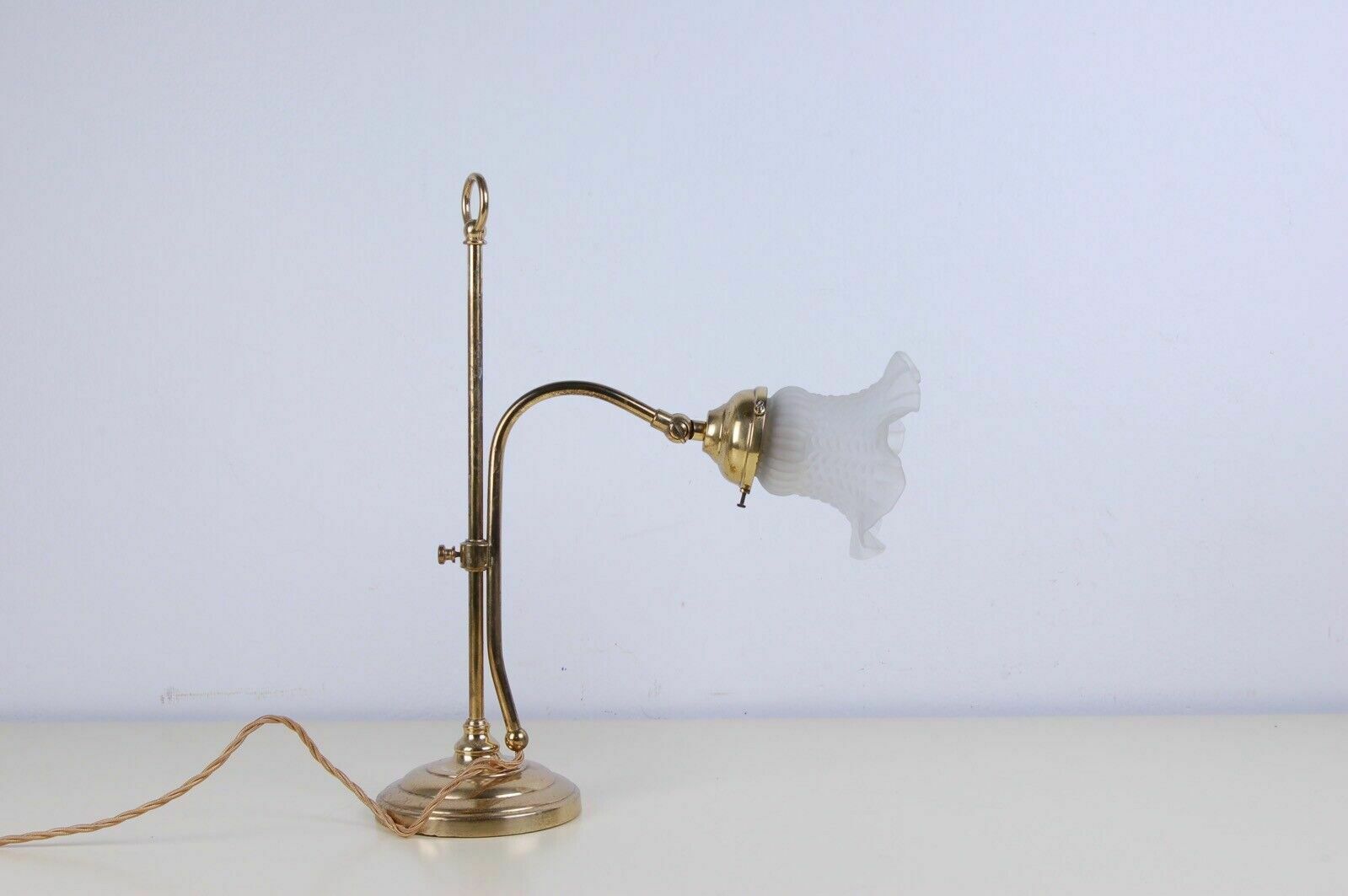 photo furniture Vintage Table Lamp Abat Jour In Brass With Opal Glass Flower Shade