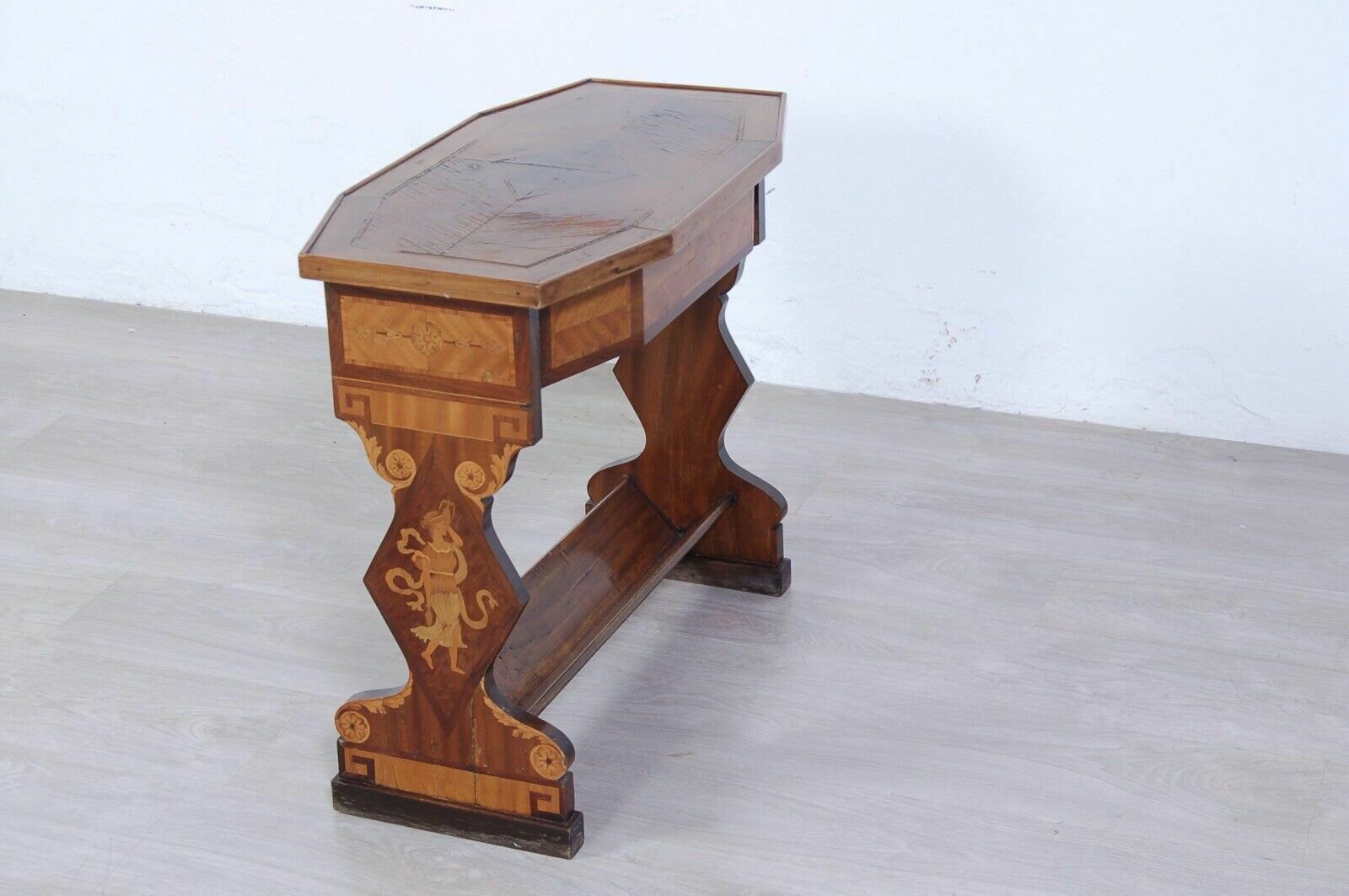 Furniture Antique Coffee Table From The Early 1900s. Coffee Table Inlaid With Beautiful Shapes In Briar photo