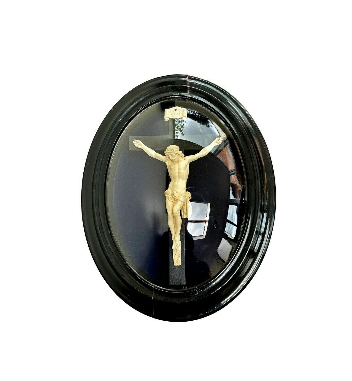 16" Jesus Christ Under Glass Wall Frame Victorian Religious Carved Crucifix