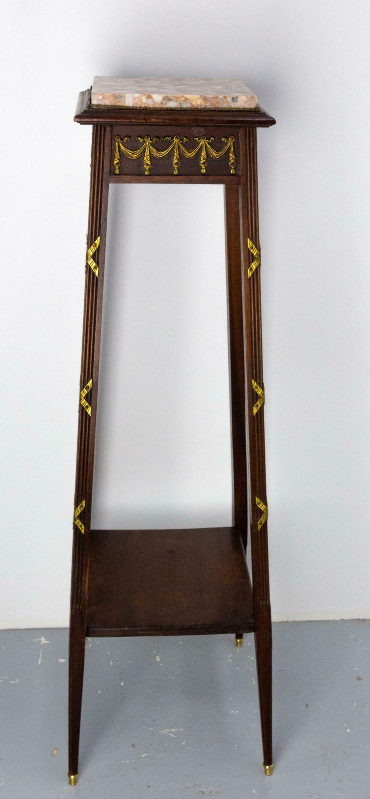French 1900 Iroko, Marble & Brass Sellette Or Plant Holder Louis XVI St, C 1900 photo for sale