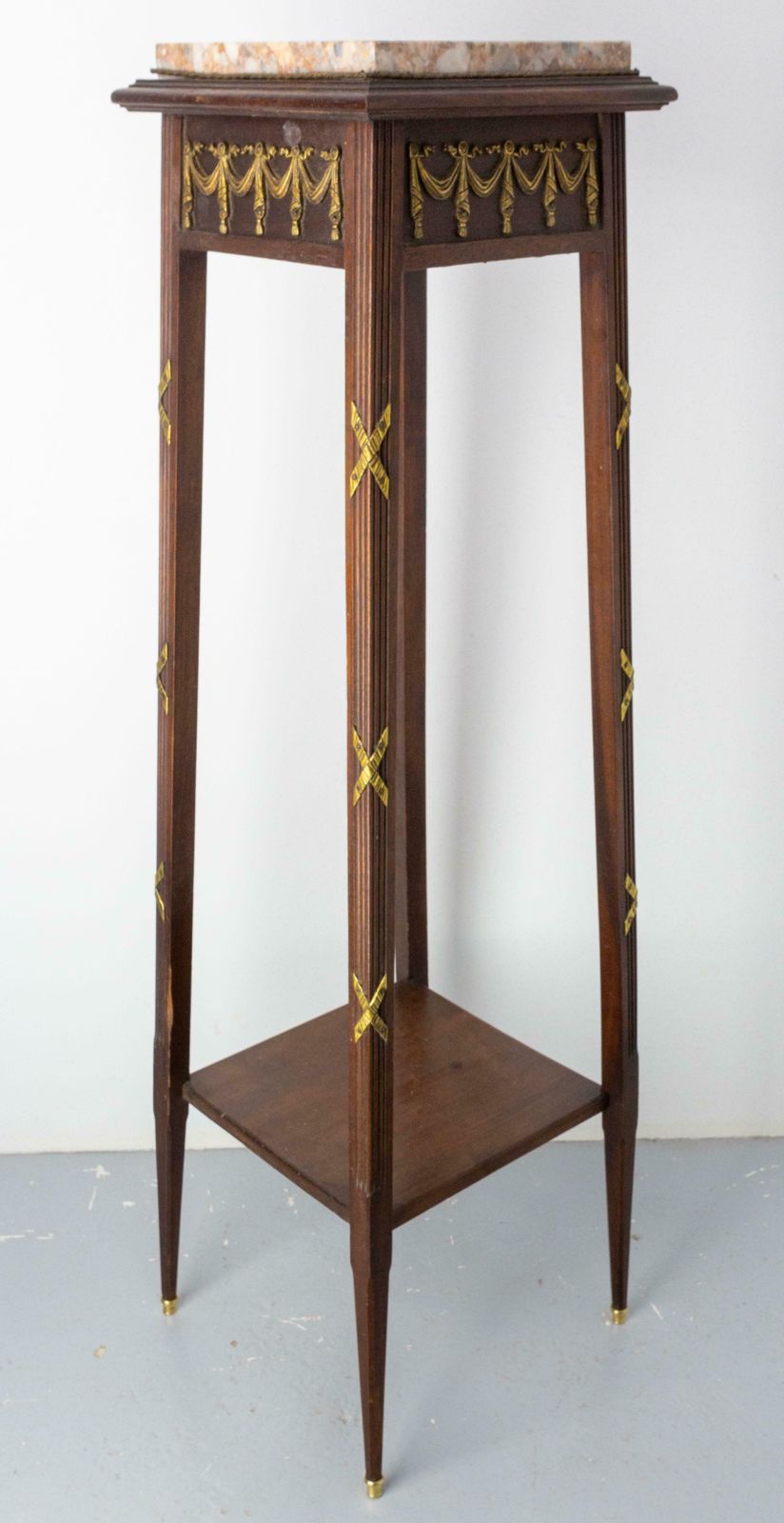 photo furniture French 1900 Iroko, Marble & Brass Sellette Or Plant Holder Louis XVI St, C 1900