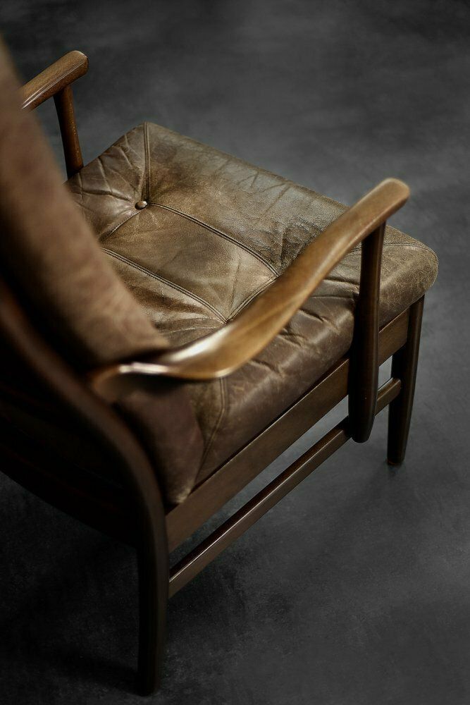 Mid Century Danish Modern Beech & Brown Leather High Armchair From Farstrup Møbler, 1970s photo for sale