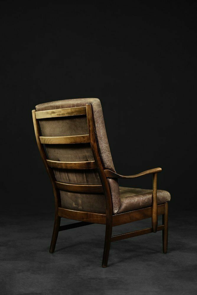 Mid Century Danish Modern Beech & Brown Leather High Armchair From Farstrup Møbler, 1970s photo 1590.0