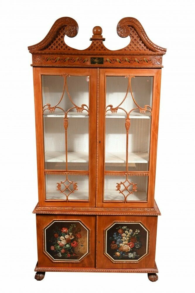 Pair Antique Display Cabinets  Chippendale Glass Fronted Bookcases Satinwood photo for sale
