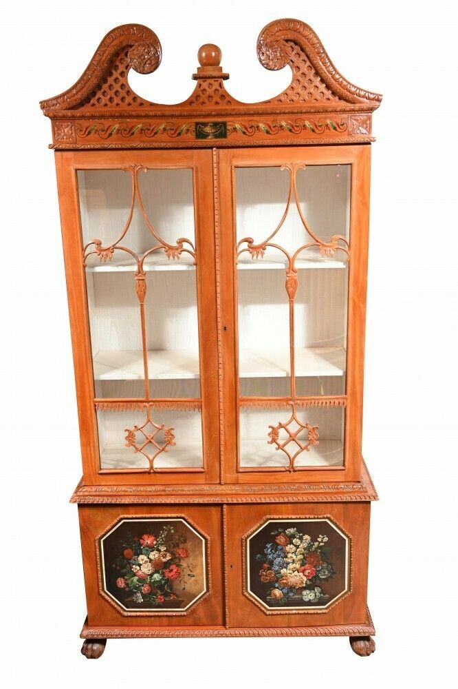 Pair Antique Display Cabinets  Chippendale Glass Fronted Bookcases Satinwood photo Furniture