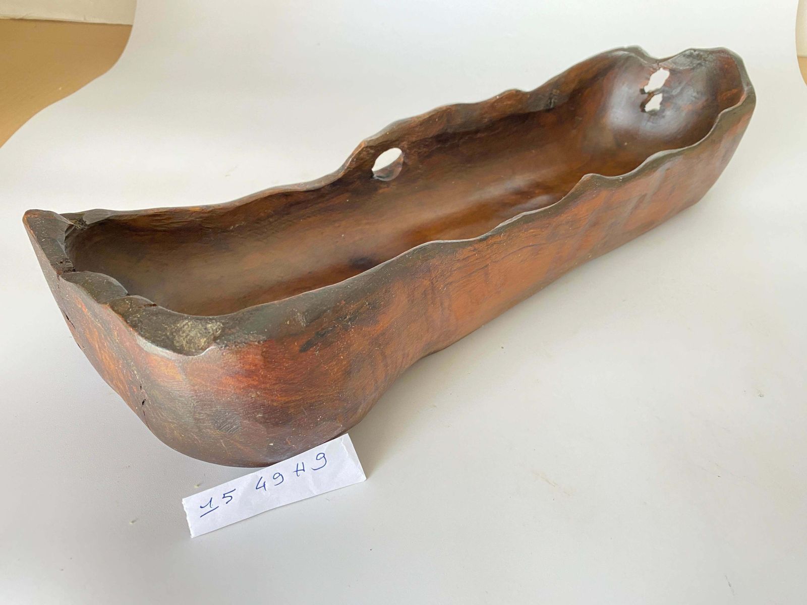 photo for sale Large Brutalist Wood Bowl Large Vide Poche In A Brown Patina, France, Circa 1960