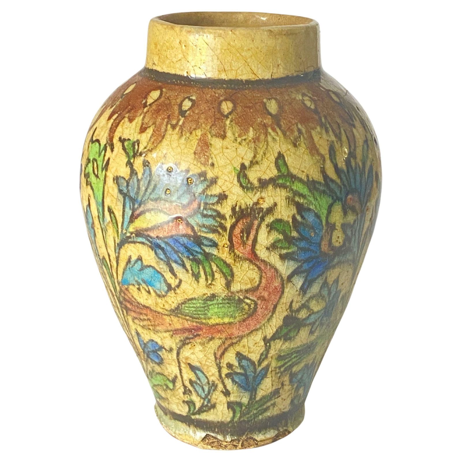 19th Century Iznik Vase In Pottery With Bird Decor Brown Green