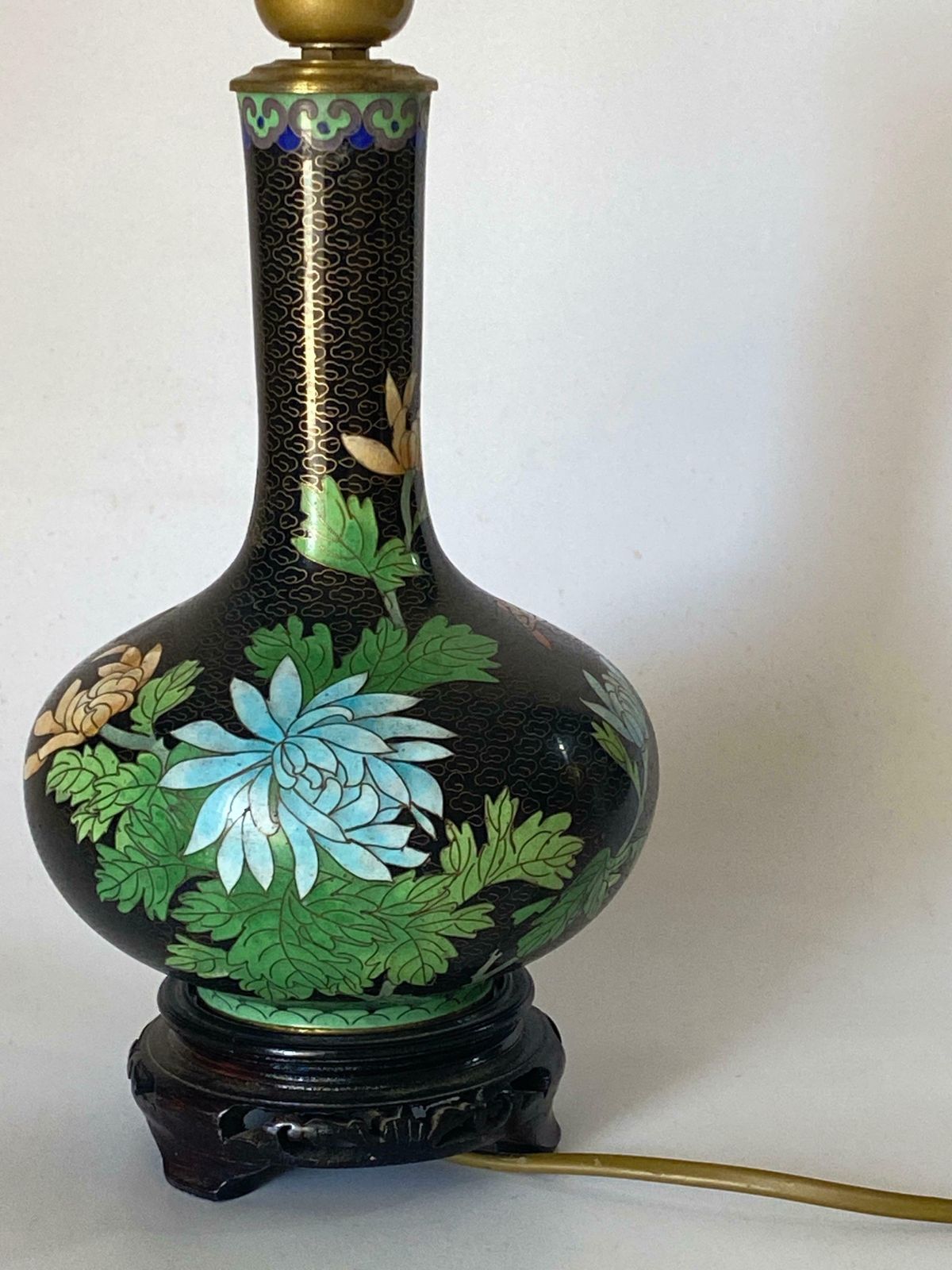 Antique Chinese Black Cloisonné Table Lamp With Floral Motif China Circa 1890 photo vintage